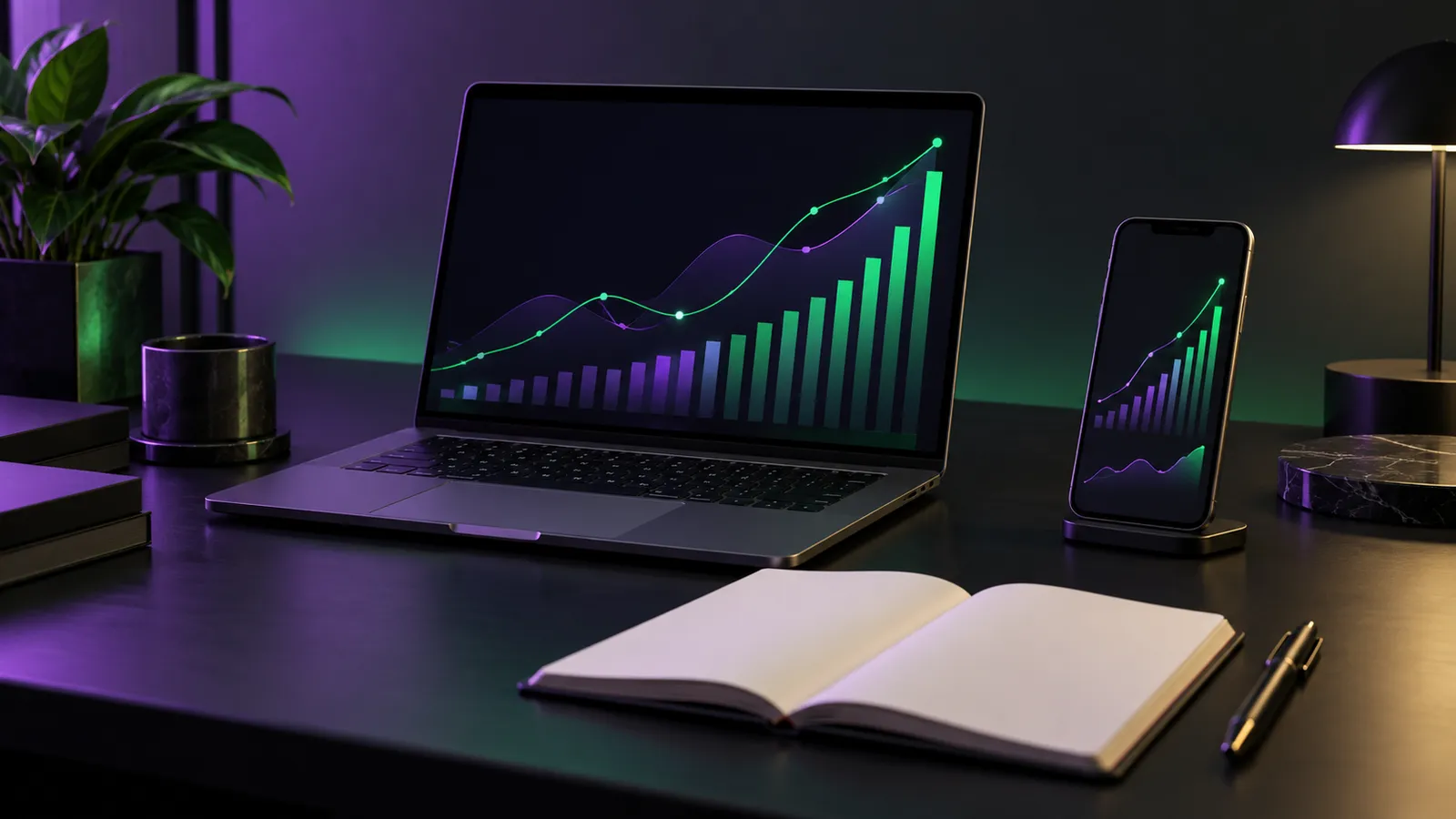 Laptop și telefon cu grafice de evoluție, lângă un caiet deschis, pentru analiza săptămânală a reclamelor