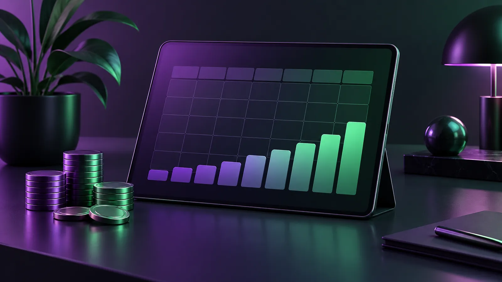 Calendar lunar pe tabletă cu bare care cresc treptat, simbolizând planificarea bugetului de reclame