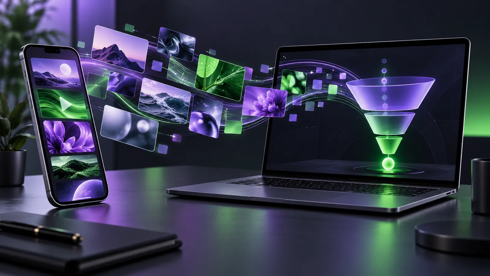 Telefon cu un flux de imagini și video lângă un laptop cu o pâlnie de conversie stilizată