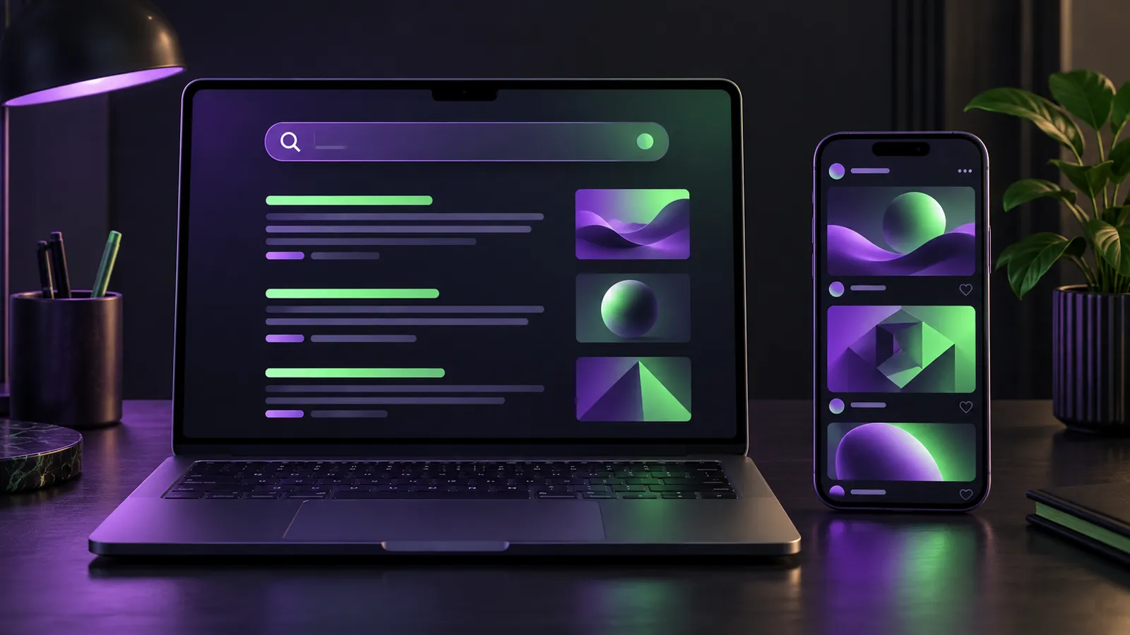 Laptop cu o căutare abstractă alături de un telefon cu un flux de postări, comparând reclamele din căutare cu cele din rețelele sociale