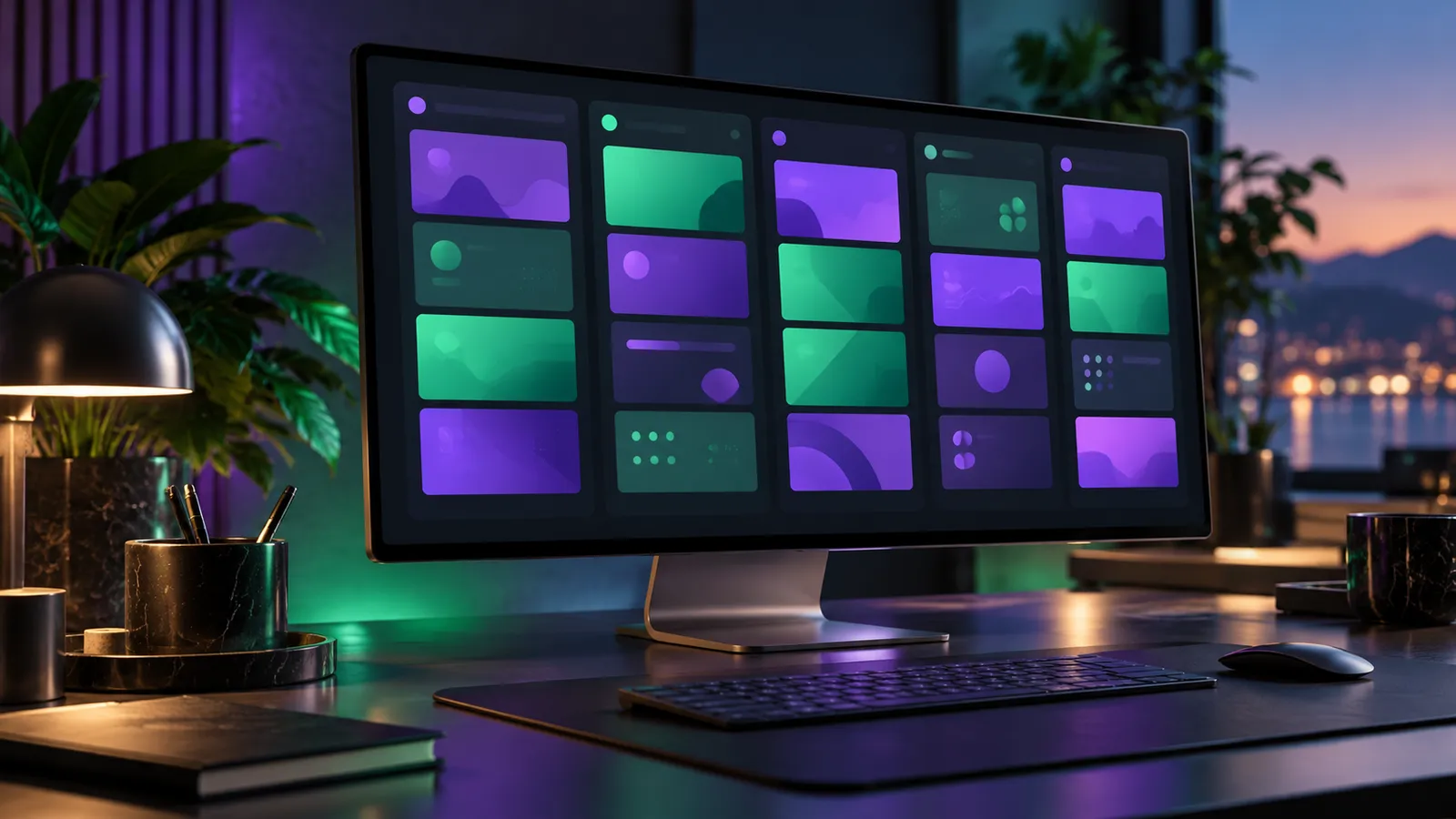 Carduri colorate organizate în coloane pe un monitor, ca grupuri de anunțuri bine ordonate