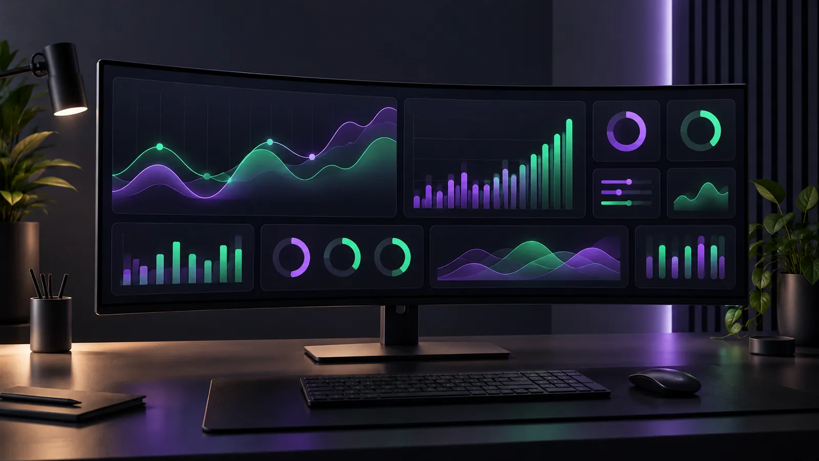Panou de bord cu grafice și indicatori pentru reclame online pe un monitor lat