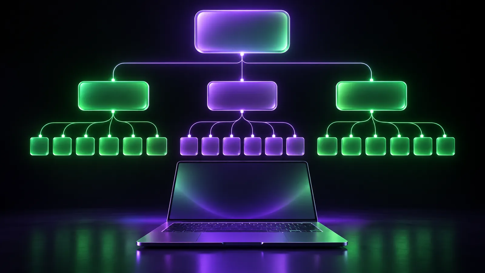 Schemă ierarhică deasupra unui laptop: campanie, grupuri de anunțuri și reclame conectate între ele