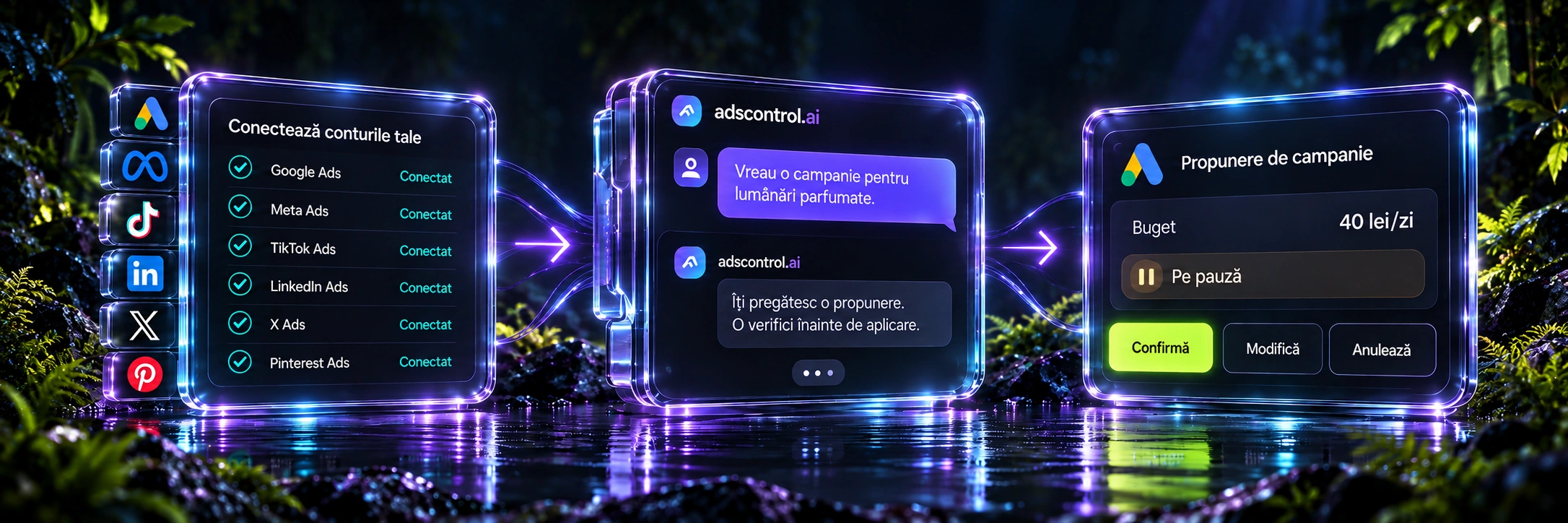Exemplu ilustrativ: conectezi platformele, ceri o campanie și verifici propunerea înainte de aplicare.
